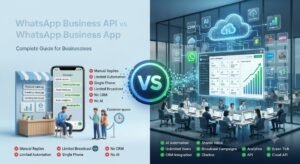 Side-by-side comparison of the WhatsApp Business app on a phone and API server infrastructure