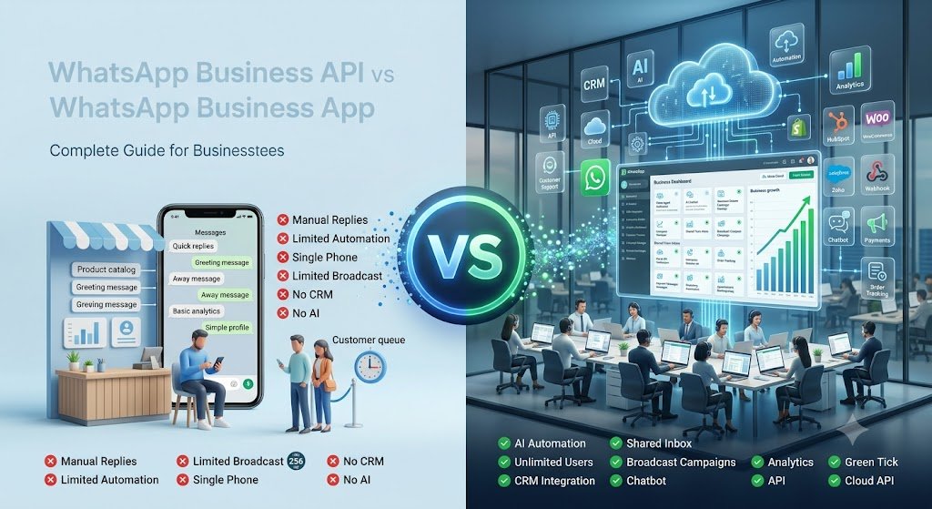 Side-by-side comparison of the WhatsApp Business app on a phone and API server infrastructure