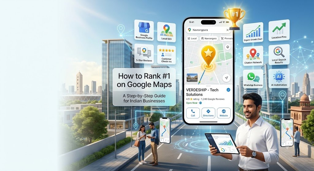 A map location pin above local shopfronts, with a phone showing a business listing